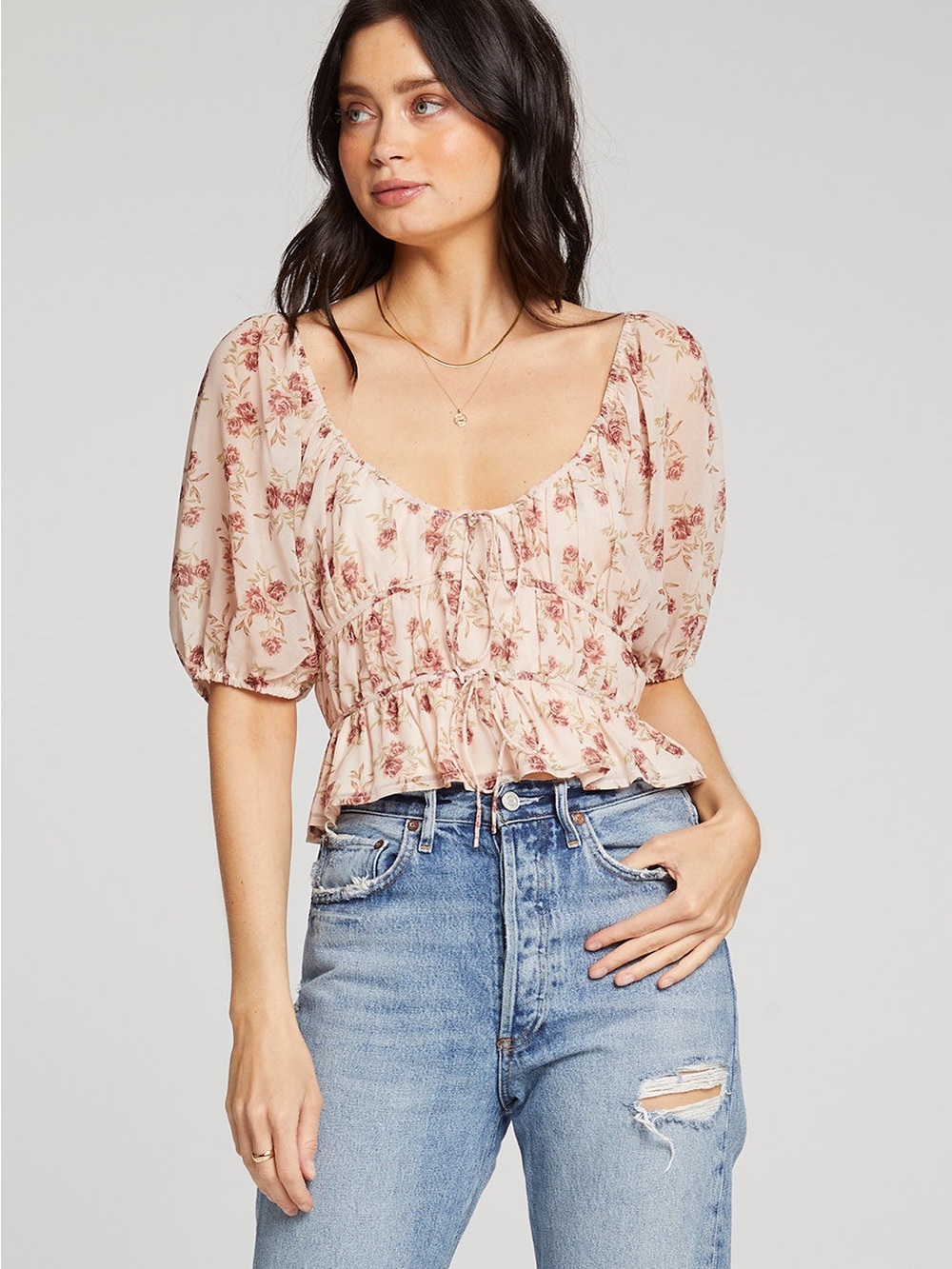 saltwater LUXE Blush Floral Peplum Tie-Front Blouse